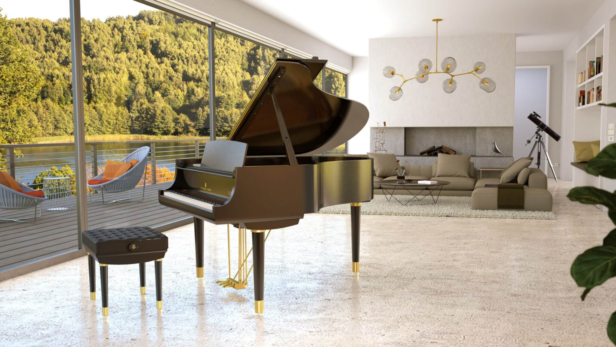 Teauge Walnut piano inside a living room with scenery of outdoors in the background