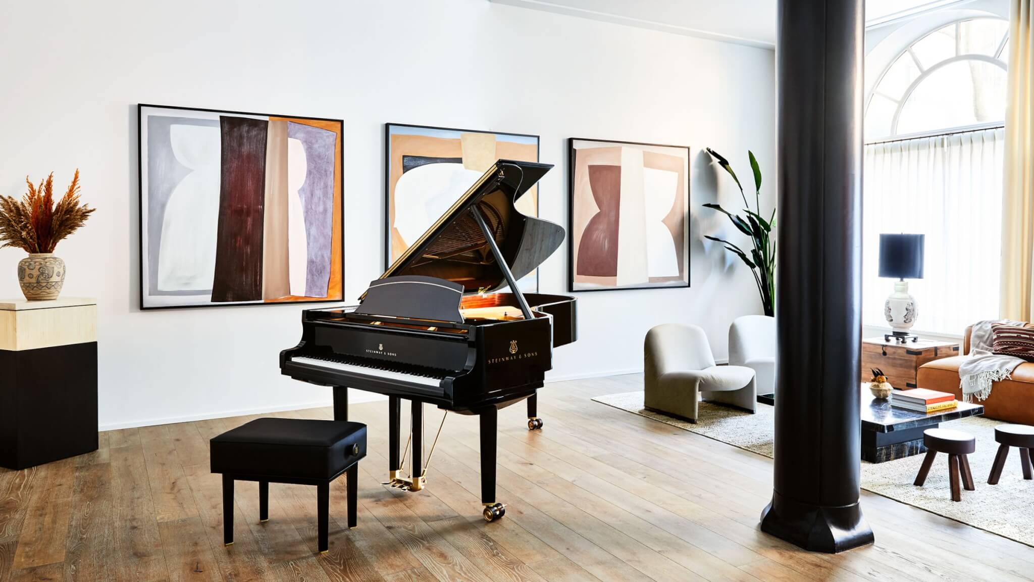 The Astor Steinway piano located in the living room of luxury living room