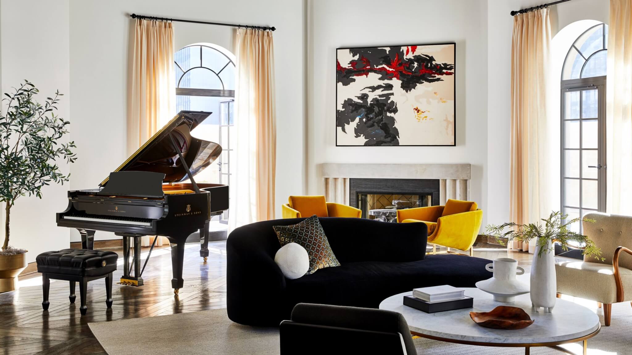 Steinway piano placed in a luxury living room setting